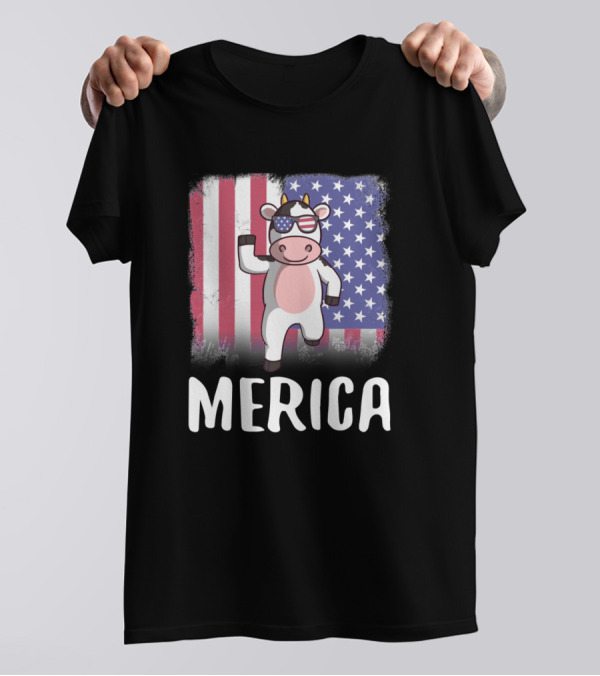 Merica Cow With Sunglasses American Flag 136 Farmi T-Shirt