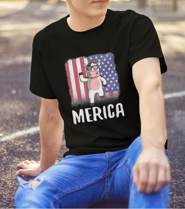 Merica Cow With Sunglasses American Flag 136 Farmi T-Shirt
