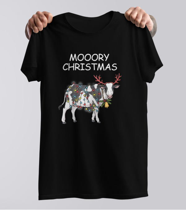 Mooory Christmas Cow Festive Lights Reindeer Cow T-Shirt