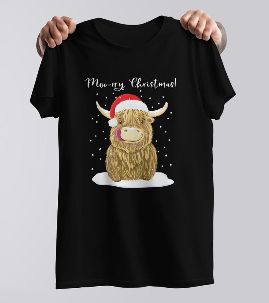 Moo-rry Christmas Scottish Highland Cow With Santa Hat T-Shirt