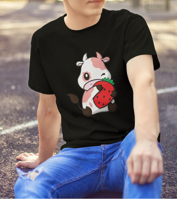 Cows Strawberry Cow Cute New 296 Farming Kawaii Winking Strawberry Cow T-Shirt