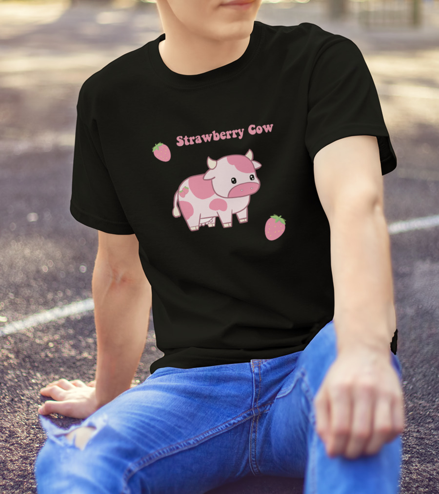Strawberry Cow Cute Pink Cartoon With Strawberries T-Shirt