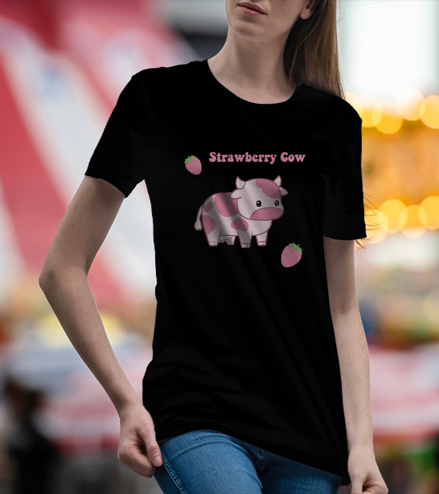 Strawberry Cow Cute Pink Cartoon With Strawberries T-Shirt