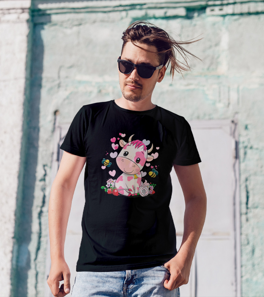Strawberry Cow With Hearts And Bees Farm Pet 483 T-Shirt