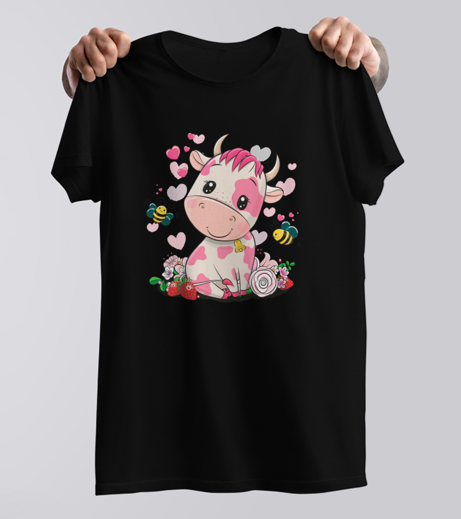 Strawberry Cow With Hearts And Bees Farm Pet 483 T-Shirt