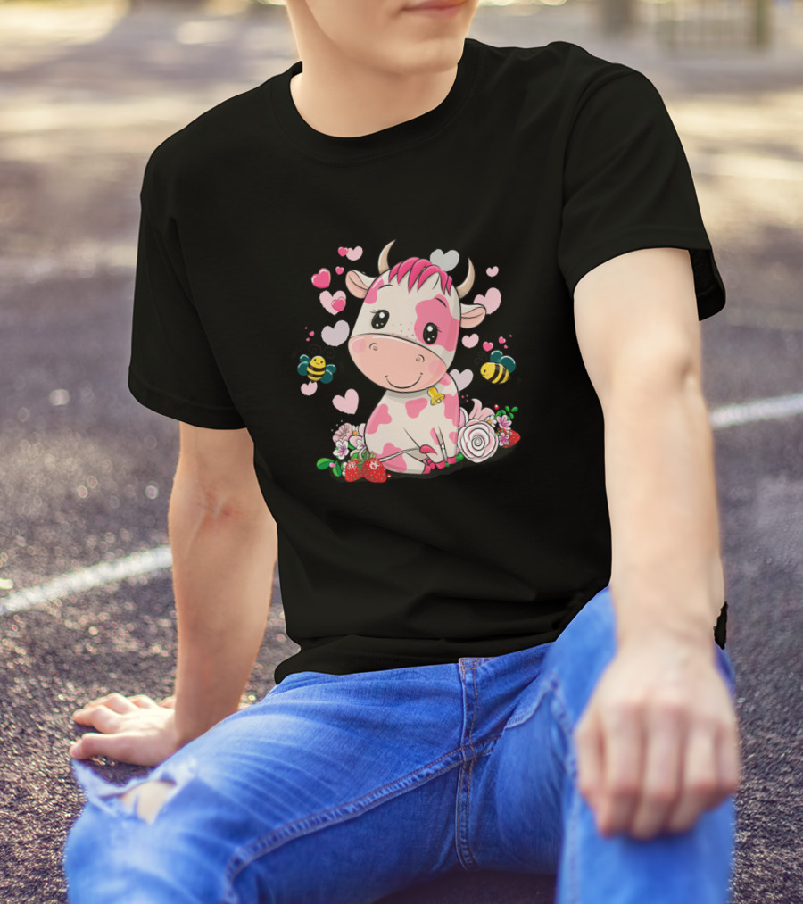 Strawberry Cow With Hearts And Bees Farm Pet 483 T-Shirt