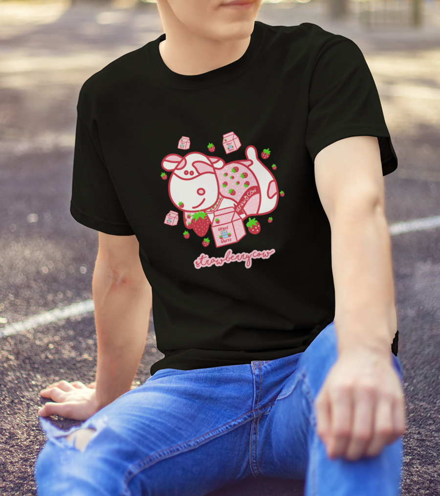 Strawberry Cow Cute Pillow Pet Sticker Milk Carton T-Shirt