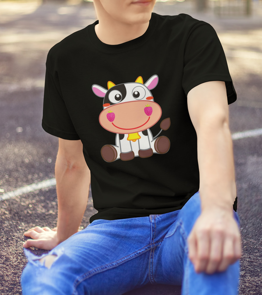 Cows Strawberry Cow Pillow Pet Sticker Mask 281 Cartoon Smiling Cow With Strawberry Cheeks T-Shirt