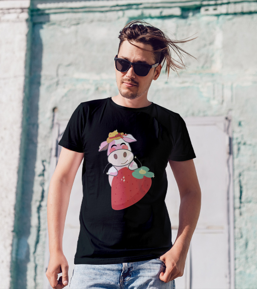 Strawberry Cow Wearing Pink Hat 457 Farming Cute Cartoon T-Shirt