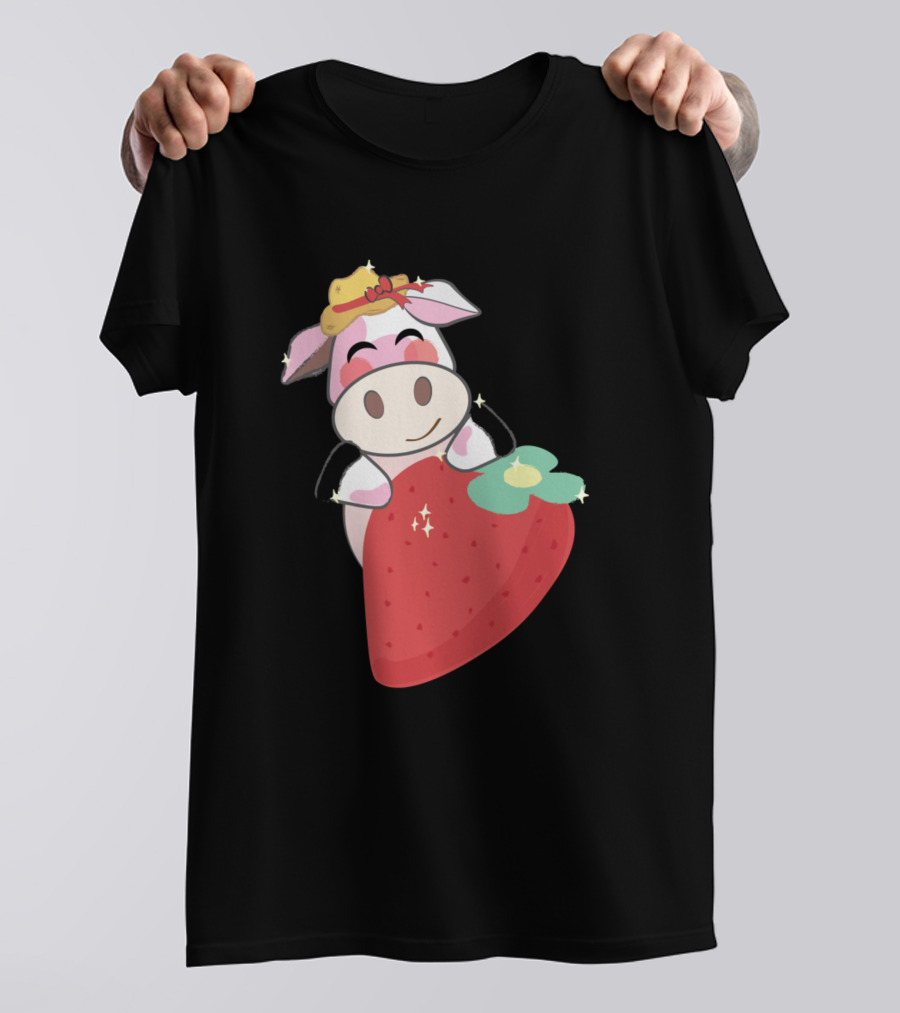 Strawberry Cow Wearing Pink Hat 457 Farming Cute Cartoon T-Shirt