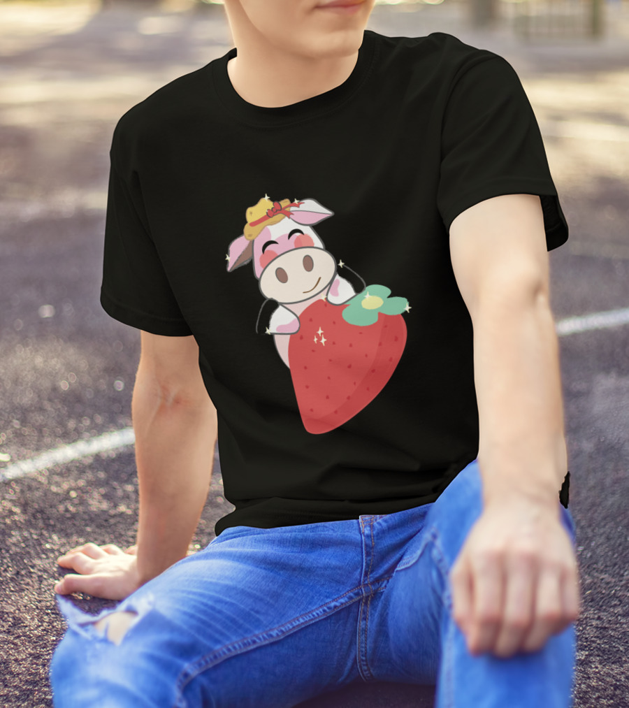 Strawberry Cow Wearing Pink Hat 457 Farming Cute Cartoon T-Shirt