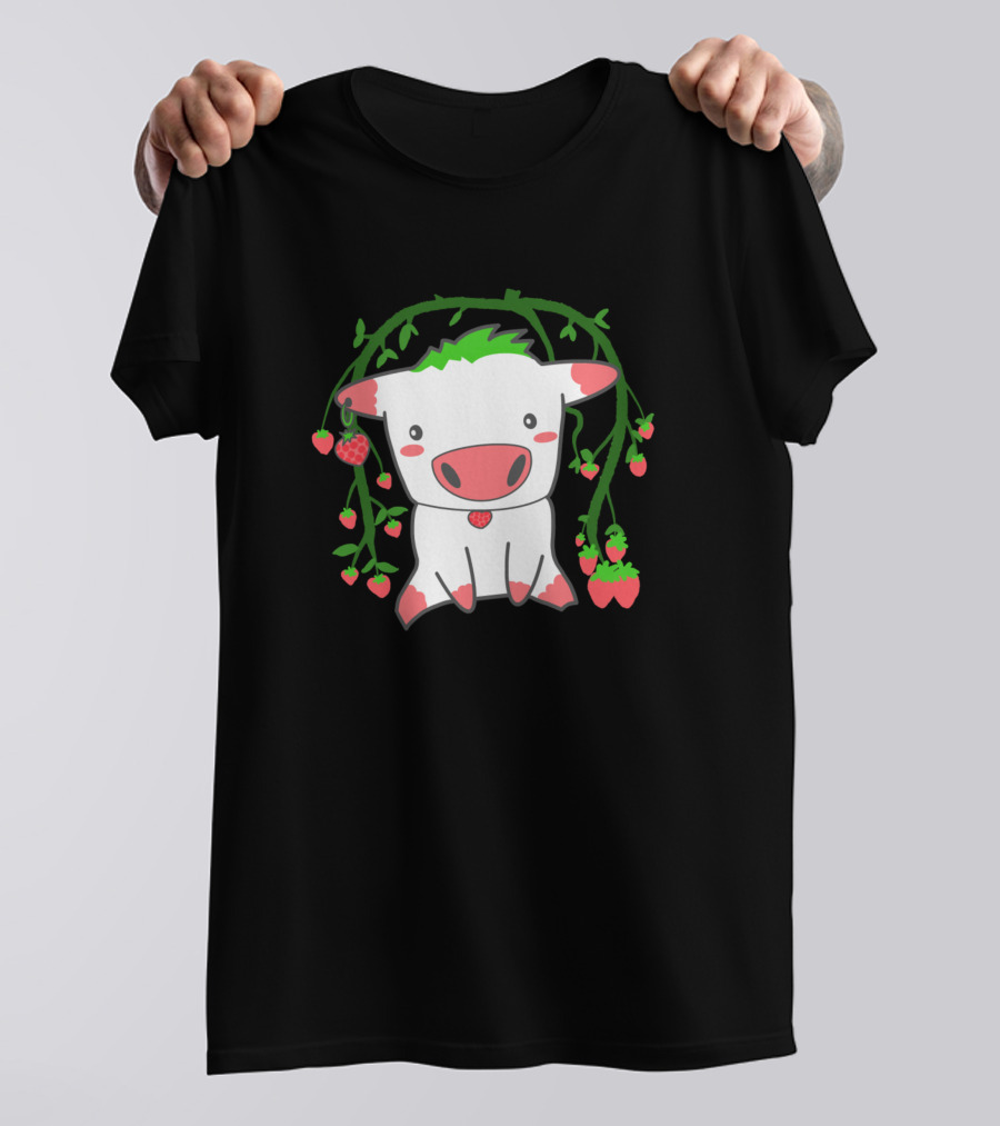 Strawberry Cow Under Strawberry Tree With Vines In Farming T-Shirt