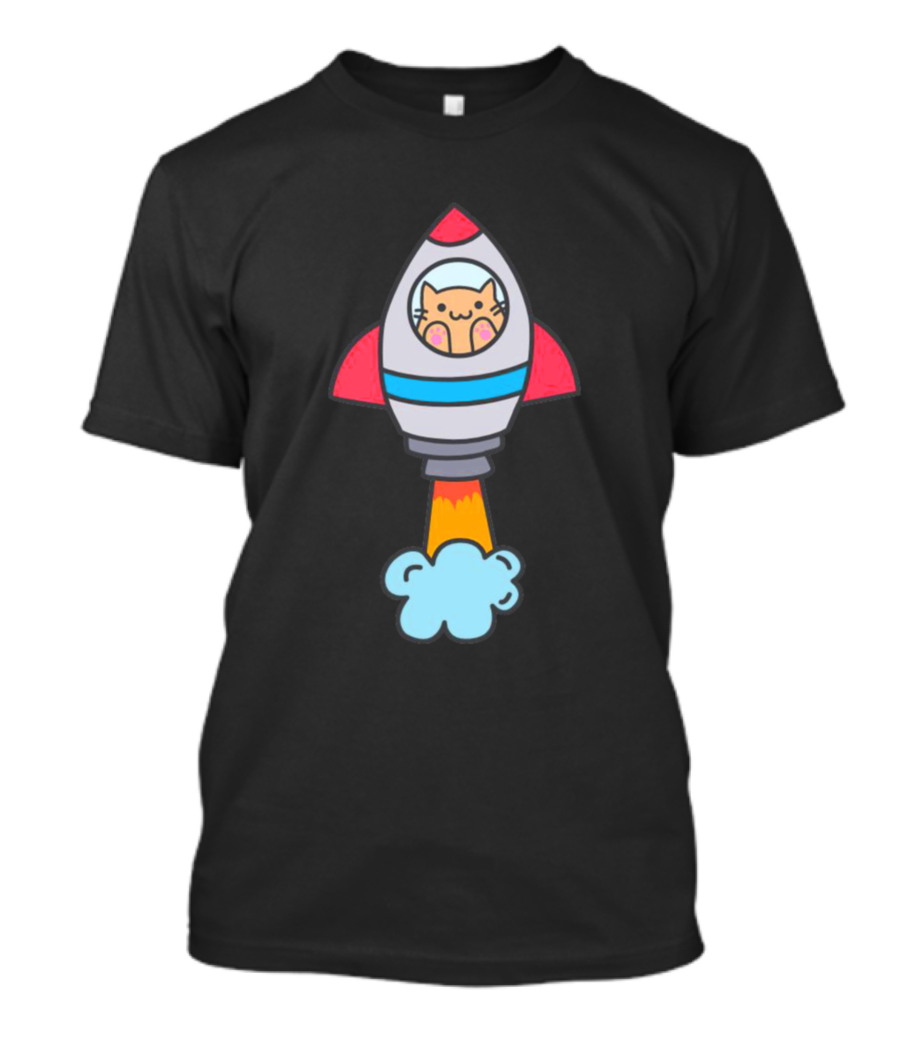 Adorable Feline Astronaut Riding Colorful Retro Rocketship T-Shirt