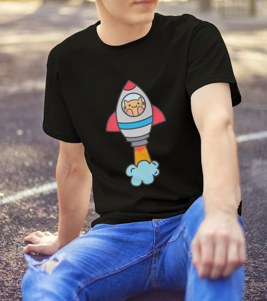 Adorable Feline Astronaut Riding Colorful Retro Rocketship T-Shirt