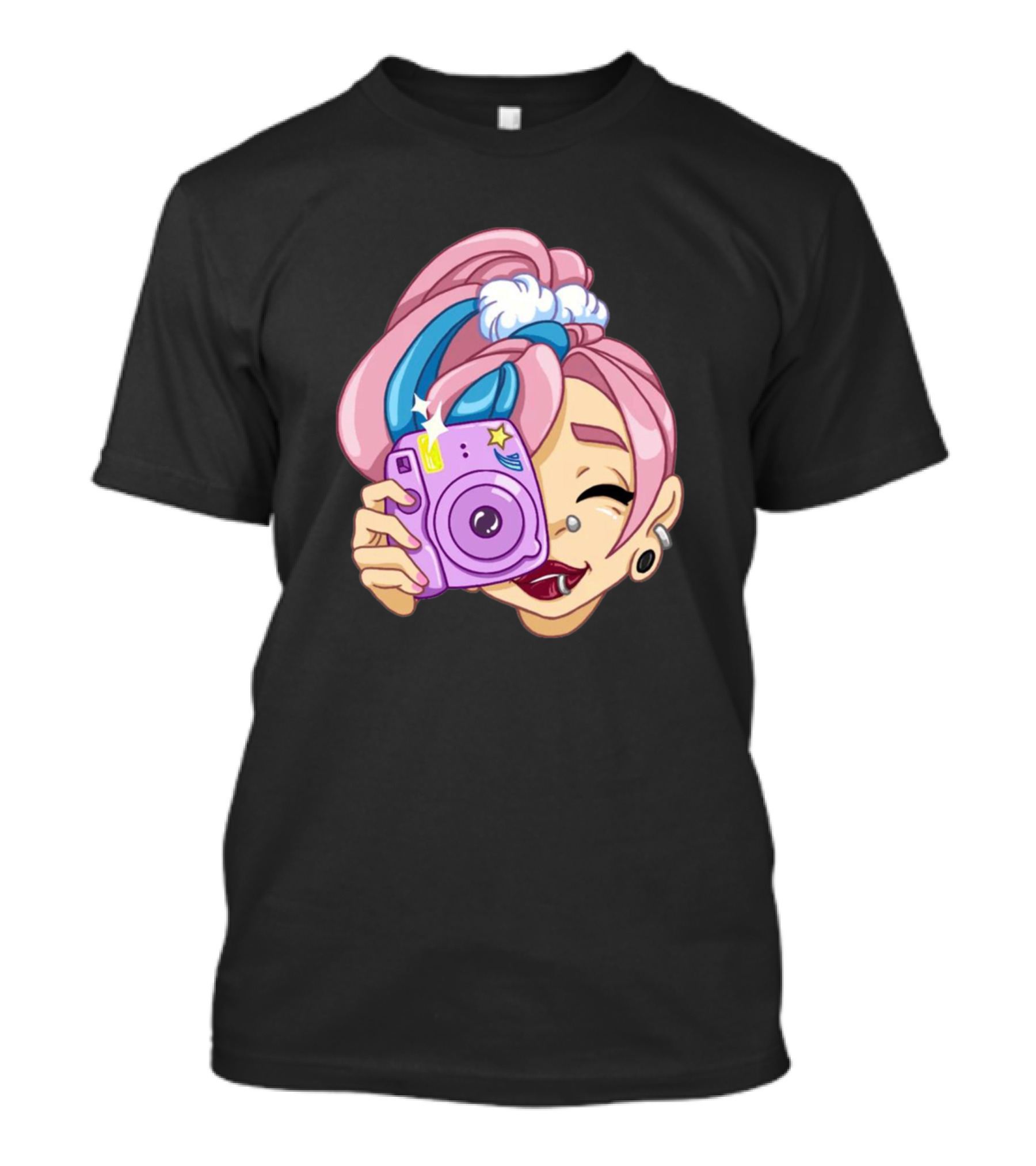 Pink Haired Girl With Camera And Blue Headband T-Shirt