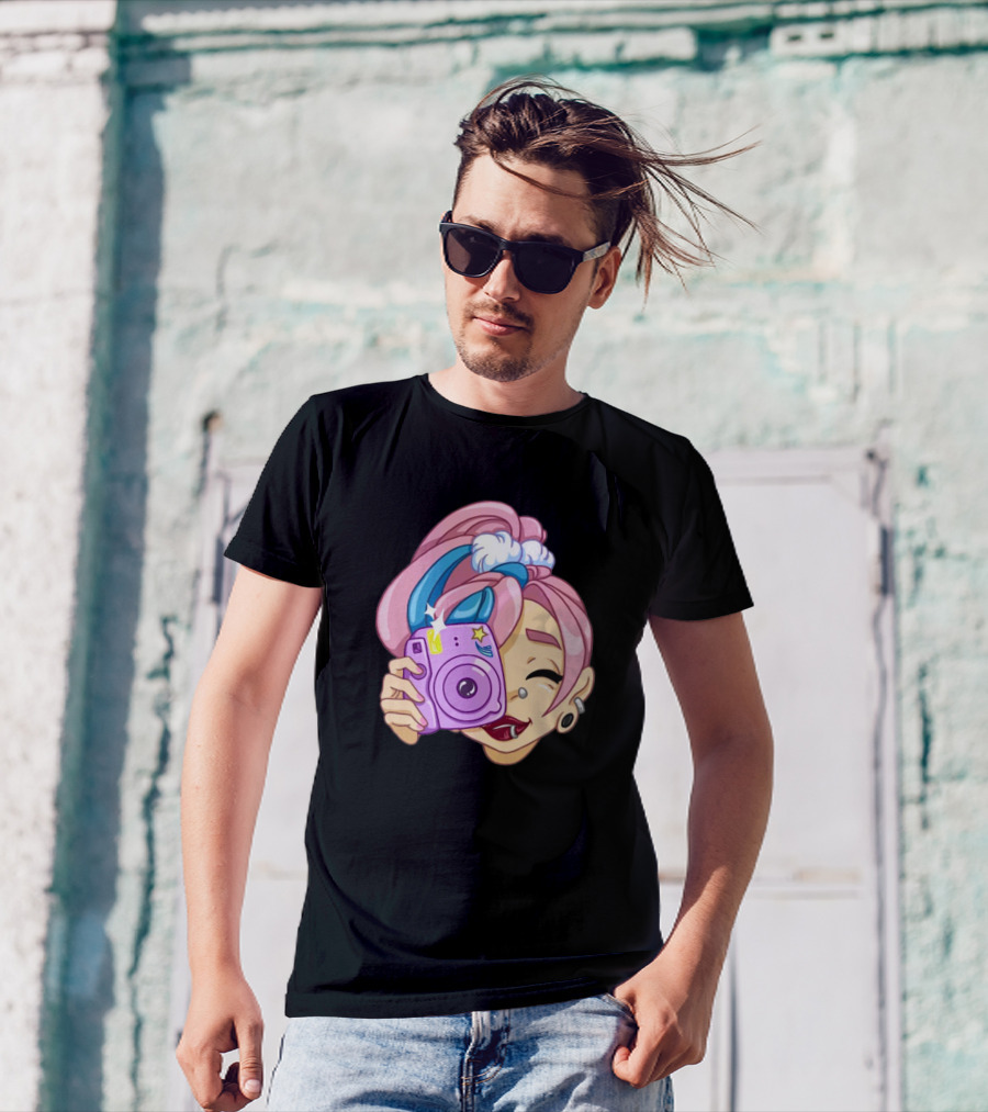 Pink Haired Girl With Camera And Blue Headband T-Shirt