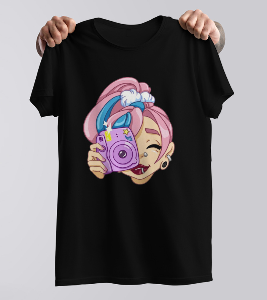 Pink Haired Girl With Camera And Blue Headband T-Shirt