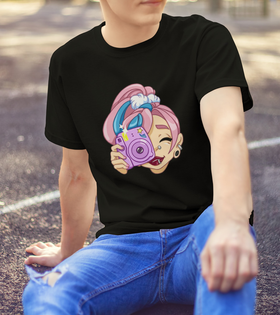 Pink Haired Girl With Camera And Blue Headband T-Shirt