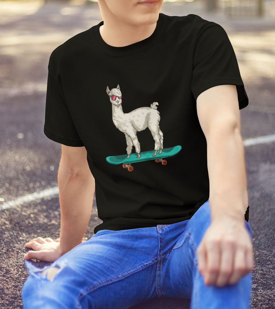 Cute Llama Skating Skater Skateboarding Alpaca Ska T-Shirt