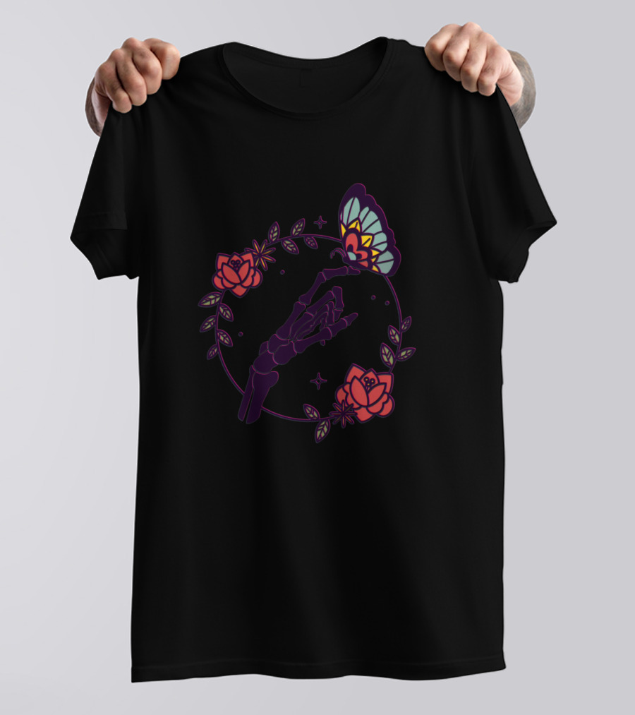 Dead Hand Tees Floral Skeleton Hand Butterfly Roses T-Shirt
