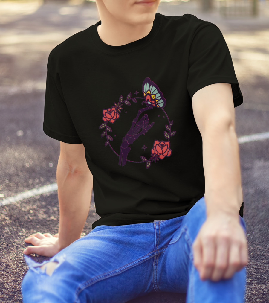 Dead Hand Tees Floral Skeleton Hand Butterfly Roses T-Shirt