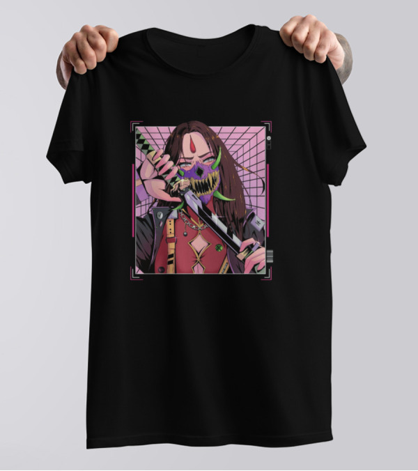 Demon Slayer Vivid Character With Sword And Mask In Geometric Web T-Shirt