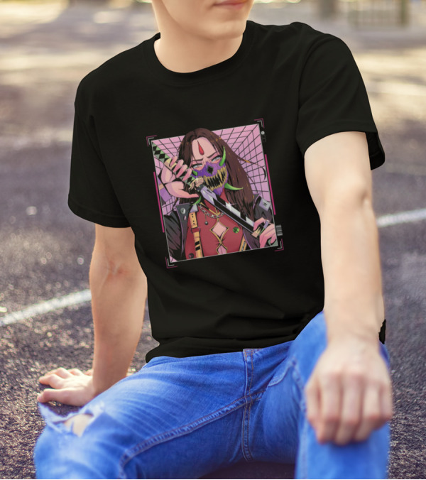 Demon Slayer Vivid Character With Sword And Mask In Geometric Web T-Shirt