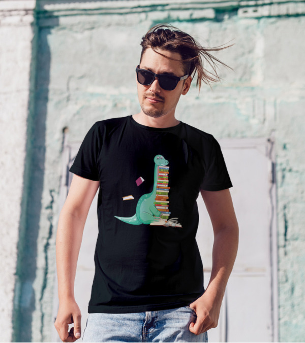 Dinosaur Balancing Stack Of Colorful Books Reading With Glasses T-Shirt