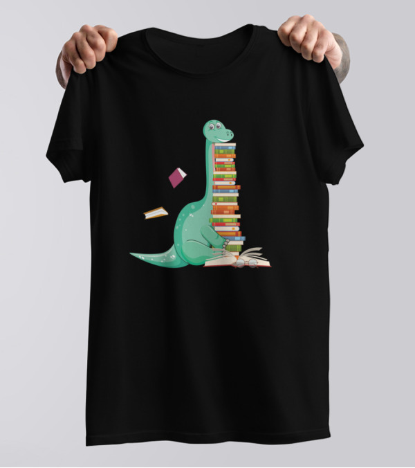 Dinosaur Balancing Stack Of Colorful Books Reading With Glasses T-Shirt