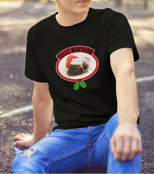 Feliz Navidog Puppy With Santa Hat And Holly T-Shirt