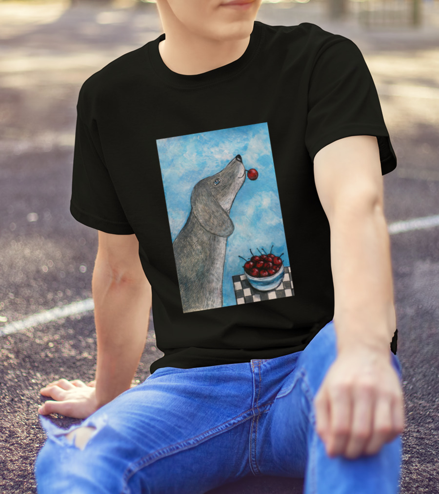 Funny Dog Balancing Cherry Blue Sky Bowl Of Cherries T-Shirt