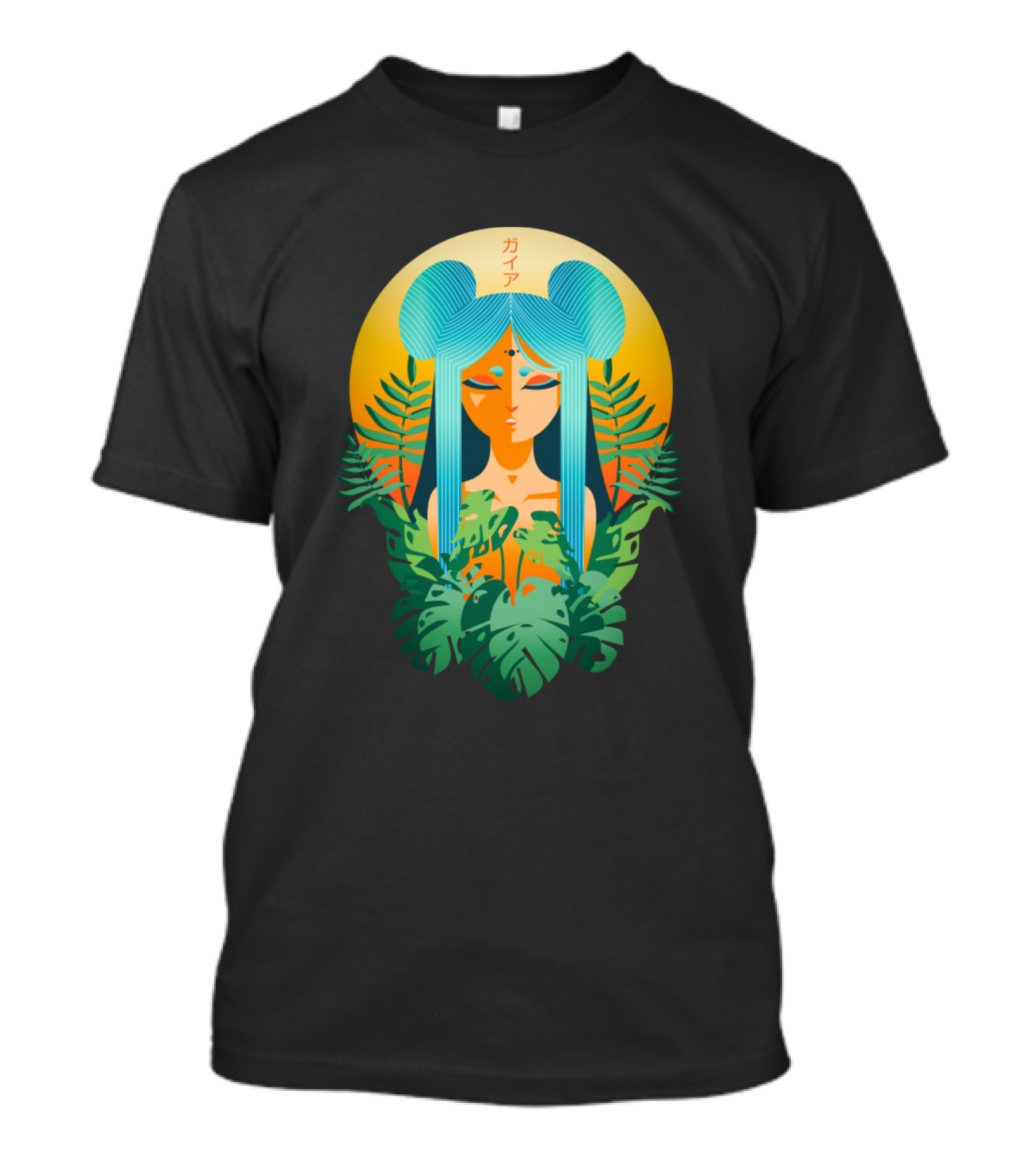 Gaia Japanese Text Tropical Goddess Sunburst Leaves T-Shirt