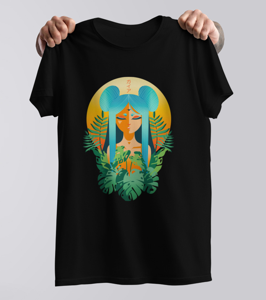 Gaia Japanese Text Tropical Goddess Sunburst Leaves T-Shirt