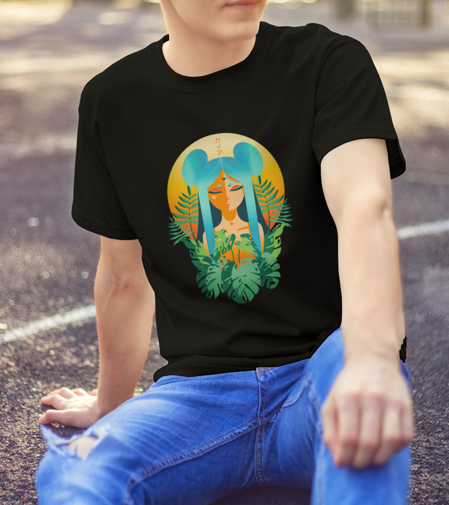 Gaia Japanese Text Tropical Goddess Sunburst Leaves T-Shirt
