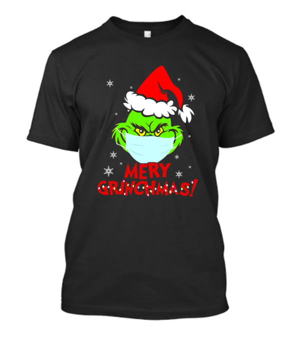 Mery Grinchmas Masked Grinch With Santa Hat And Snowflakes T-Shirt