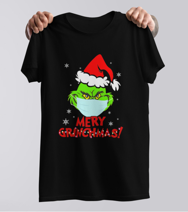 Mery Grinchmas Masked Grinch With Santa Hat And Snowflakes T-Shirt
