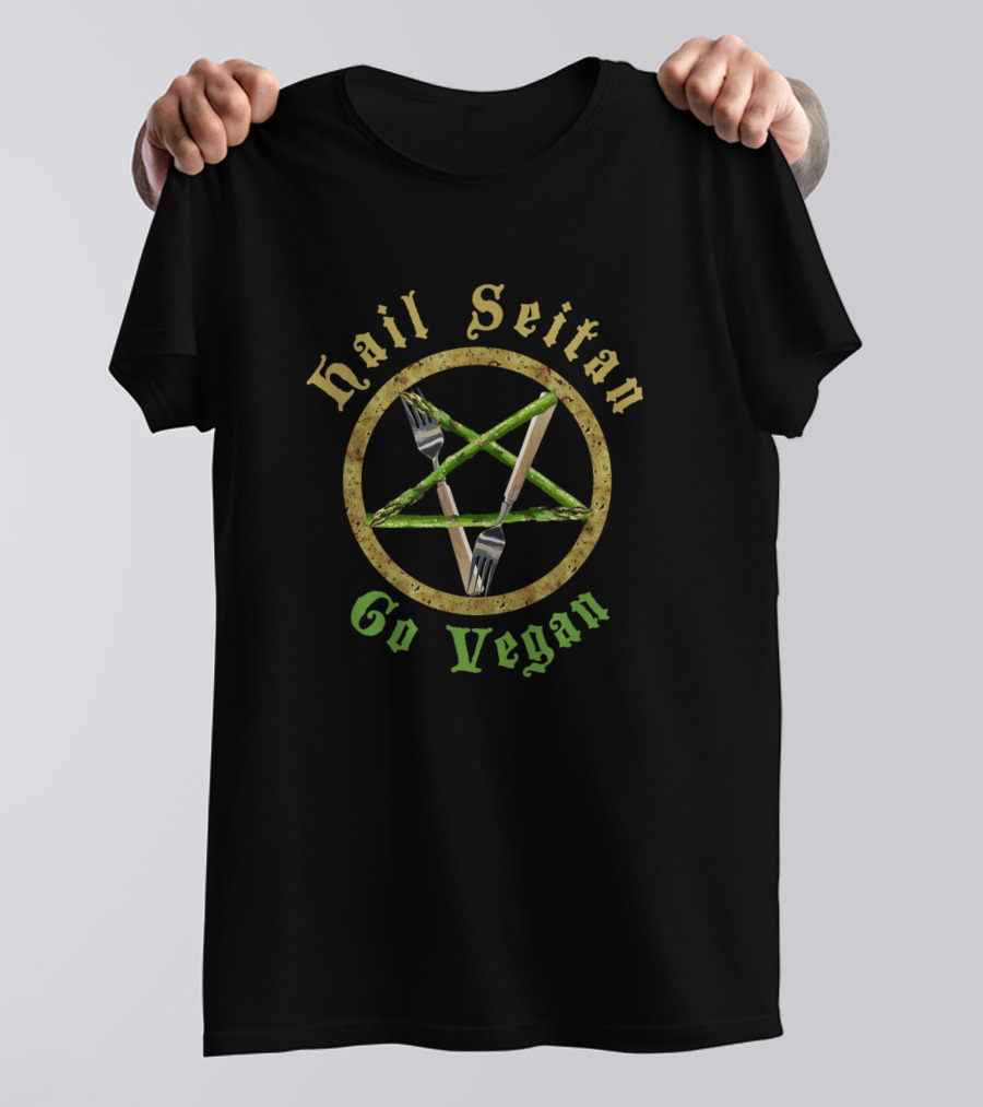 Hail Seitan Go Vegan Funny Idea With Fork And Asparagus Pentagram T-Shirt