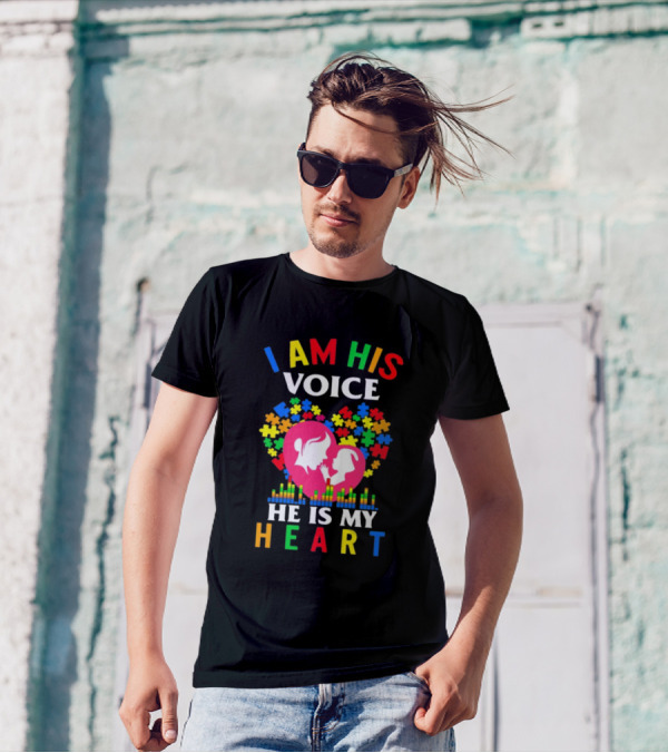 I Am His Voice He Is My Heart Awareness Puzzle Heart T-Shirt