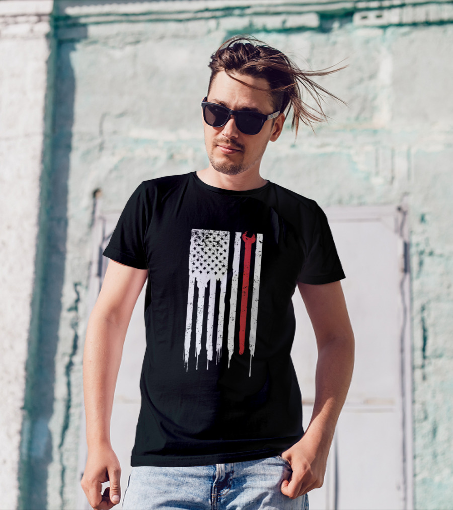 Distressed American Flag With Ironworker Wrench T-Shirt