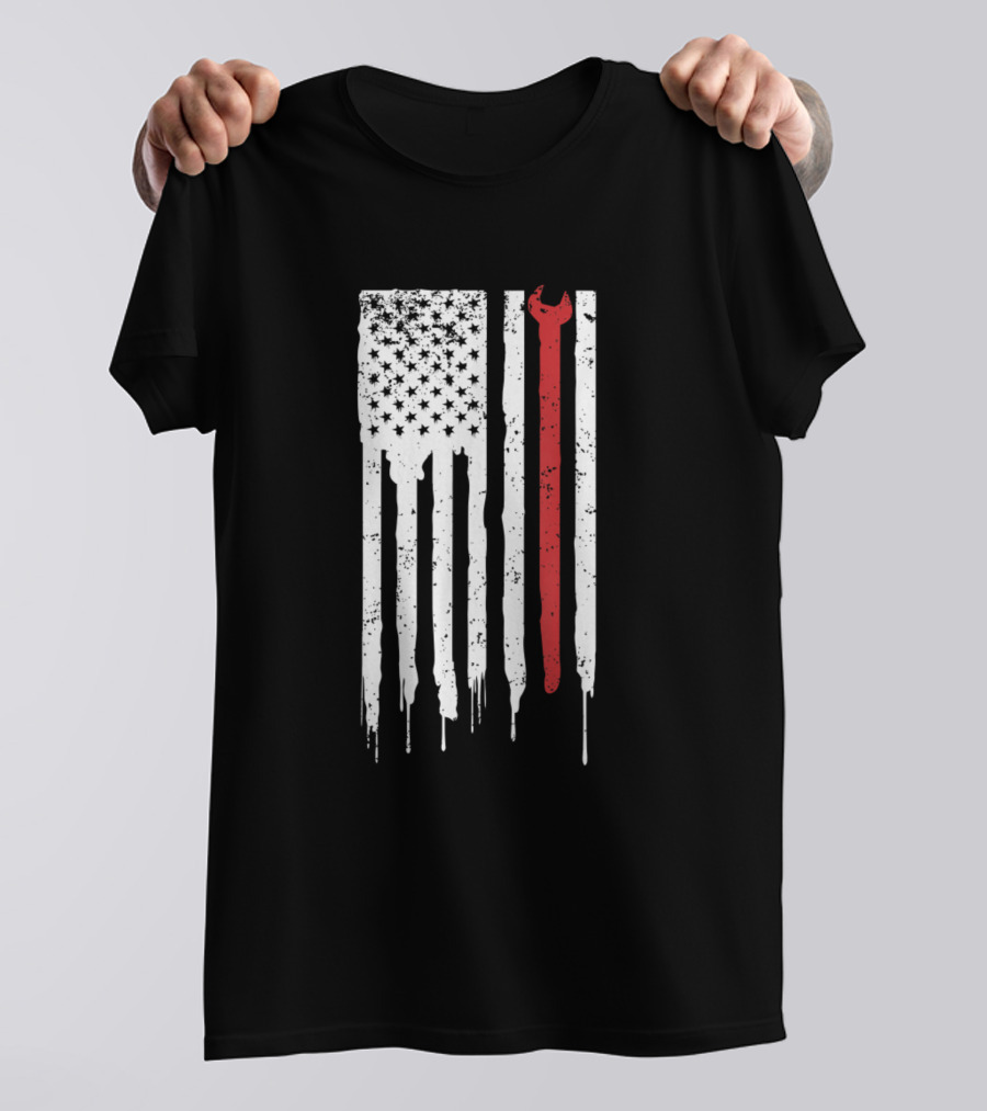 Distressed American Flag With Ironworker Wrench T-Shirt