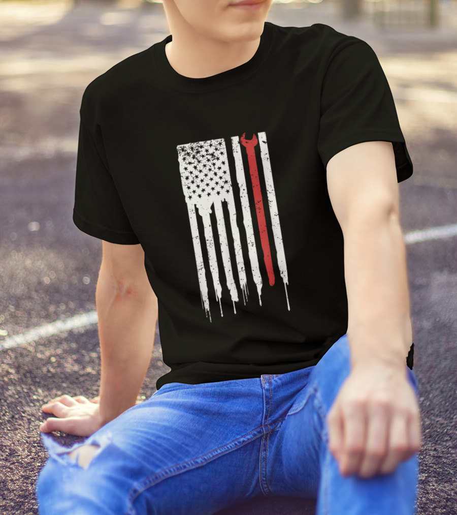 Distressed American Flag With Ironworker Wrench T-Shirt