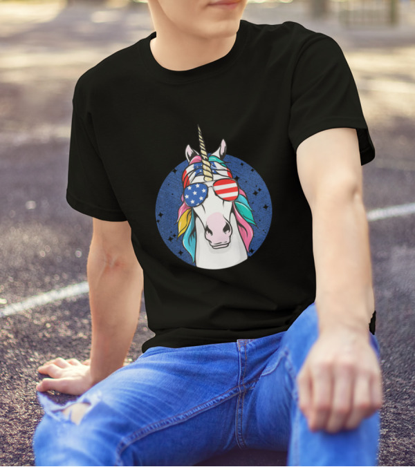 July 4Th USA Rainbow Unicorn Funny Patriotic American Flag Glasses T-Shirt