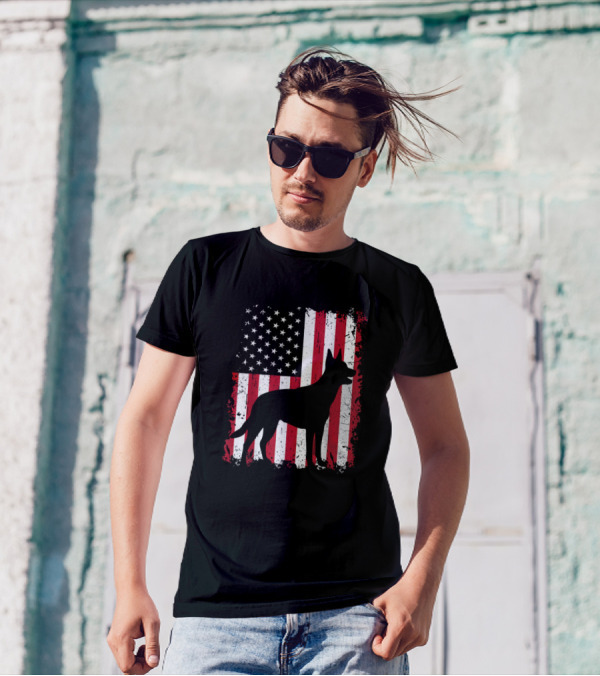 Kelpie Dog Silhouette With American Flag Fourth Of July USA Patriotic T-Shirt