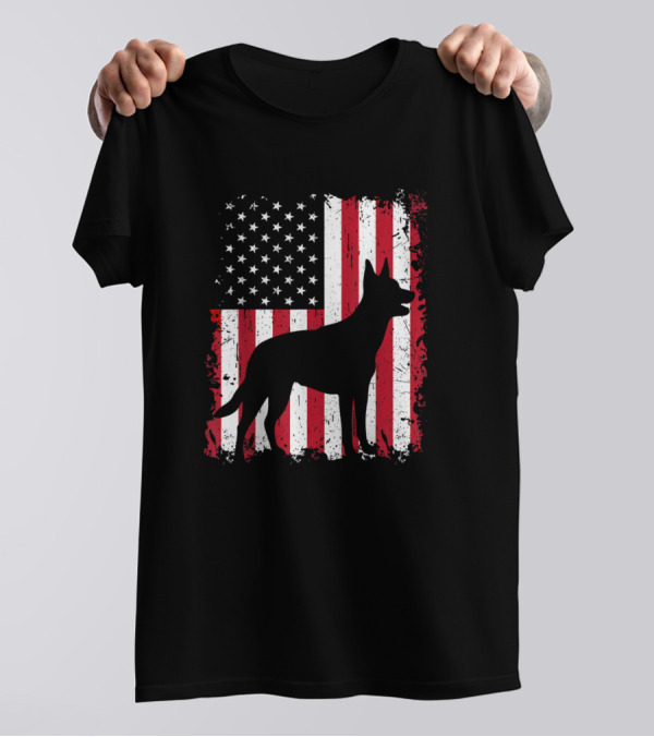 Kelpie Dog Silhouette With American Flag Fourth Of July USA Patriotic T-Shirt