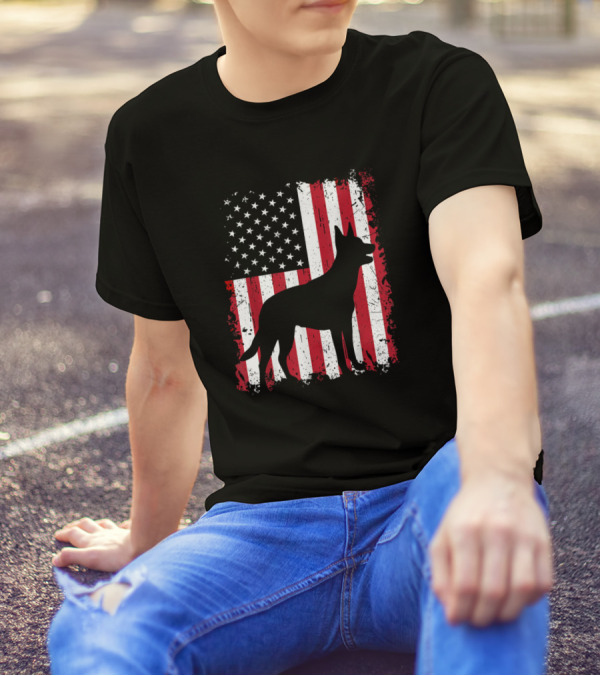 Kelpie Dog Silhouette With American Flag Fourth Of July USA Patriotic T-Shirt
