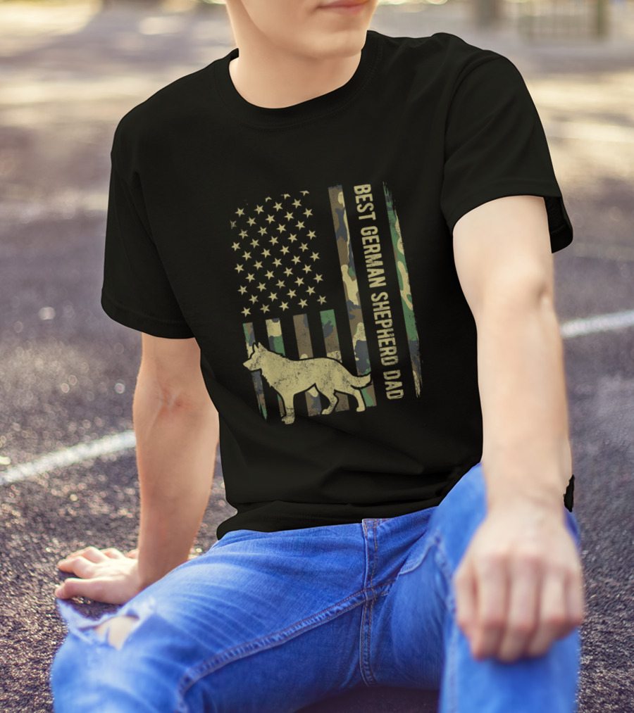 Best German Shepherd Dog Dad Camouflage American Flag T-Shirt