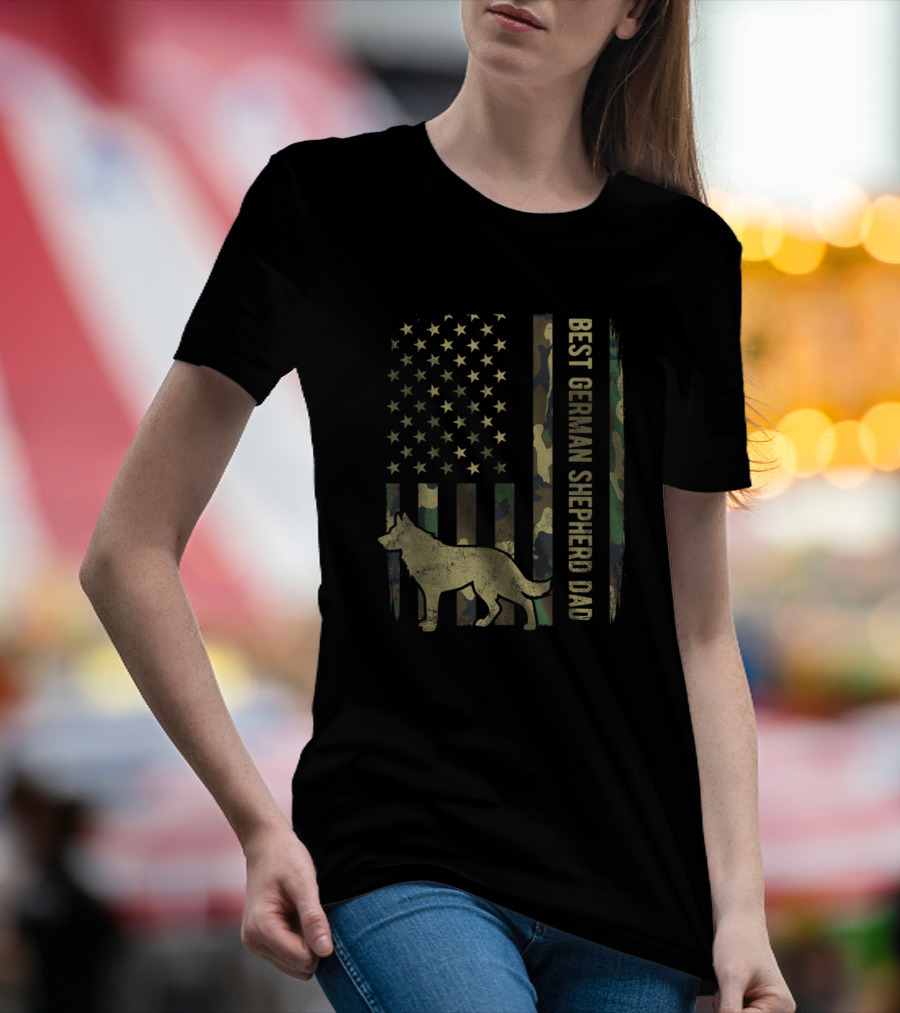 Best German Shepherd Dog Dad Camouflage American Flag T-Shirt