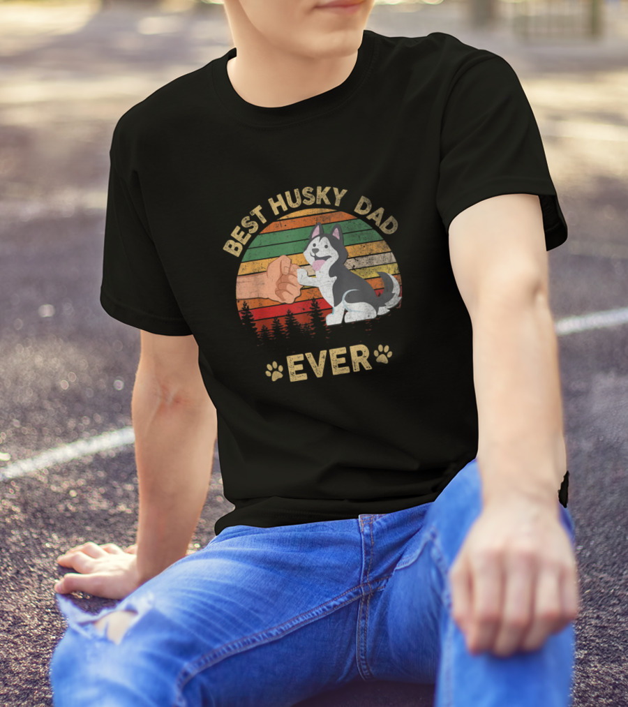 Best Husky Dad Ever Funny Vintage Sunset Fist Bump Paw Prints T-Shirt