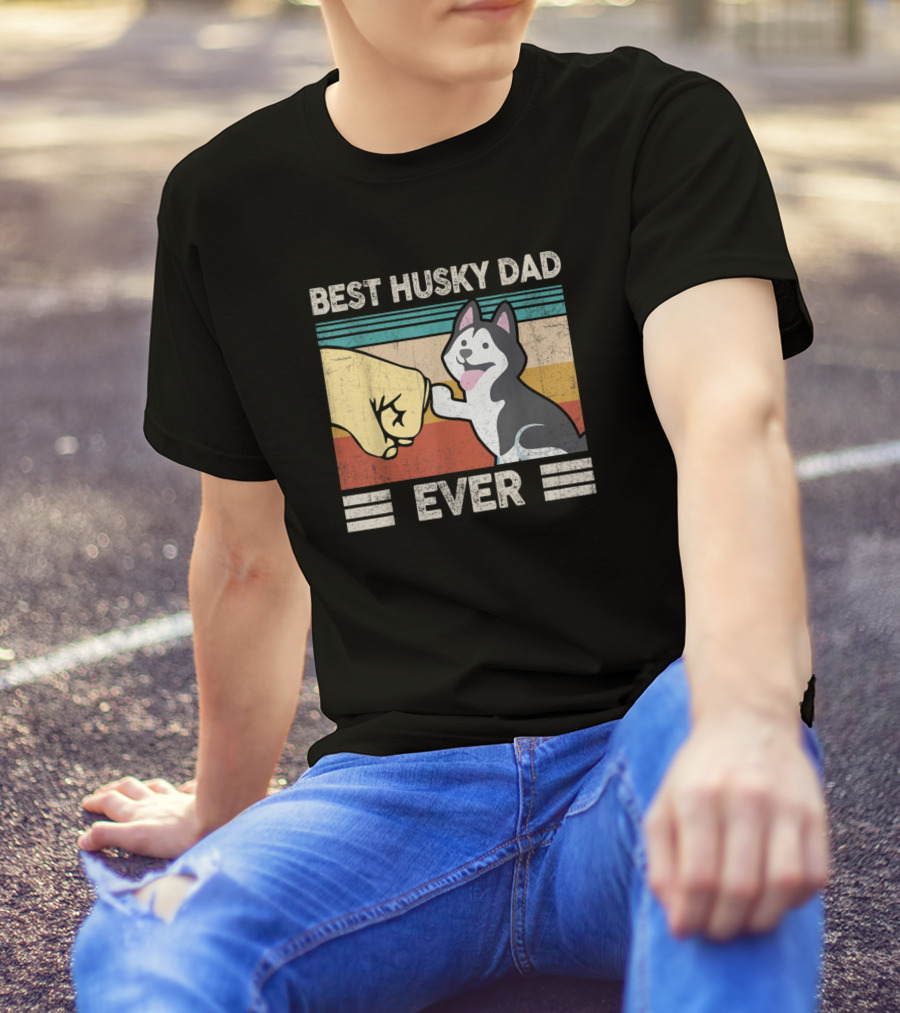 Best Husky Dad Ever Retro Vintage Fist Bump Dog Daddy T-Shirt