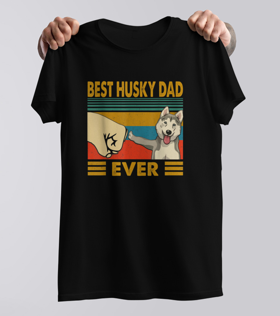 Mens Best Husky Dad Ever Fist Bump Retro Vintage Sunset T-Shirt
